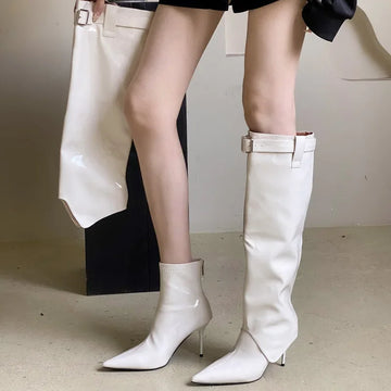 Xajzpa Street Style Sexy Patent Leather Woman Knee-High Boots Thin Heels Long Booties Designer Belt Buckle Strap Stripper Shoes